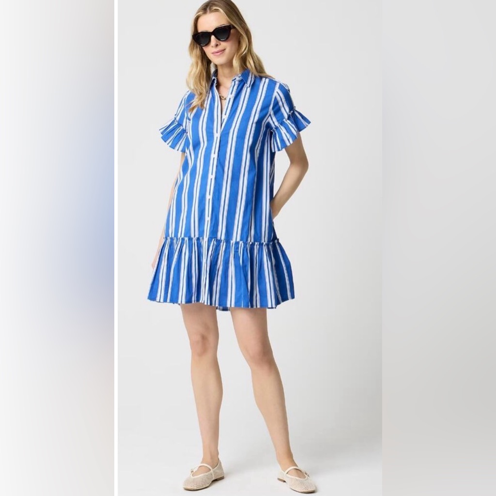 J. Crew Women’s Blue & White Striped Ruffle Sleeve Mini Shirt Dress Size 4 Nwt